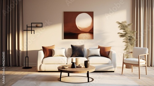 Stylish Living Room Interior with Mockup Frame Poster, Modern interior design, 3D render, 3D illustration