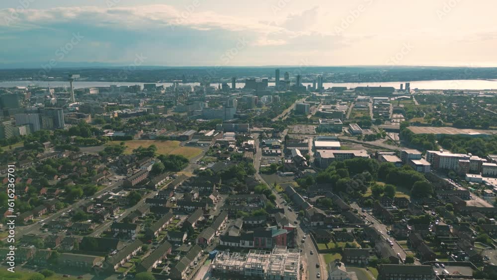 Aerial drone shot of buildings in the city of Liverpool, England Aerial drone shot of buildings in the city of Liverpool, England