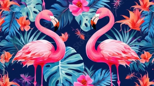 Tropical Print with Pink Flamingo and Palm Leaves  ai generative