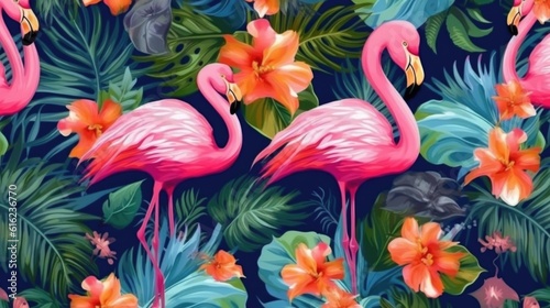 Tropical Print with Pink Flamingo and Palm Leaves, ai generative