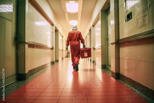 Medical professional carefully carries an organ transplant container down a hospital corridor, hoping to give someone a second chance at life photo