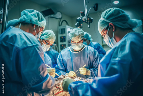 Skilled surgical team performs a life-saving heart transplant in a sterile operating theater, working with precision and expertise to ensure a successful transplantation procedure. photo