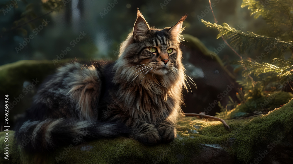 A mesmerizing photograph of a majestic Maine Coon cat perched atop a moss - covered stone in a serene forest setting