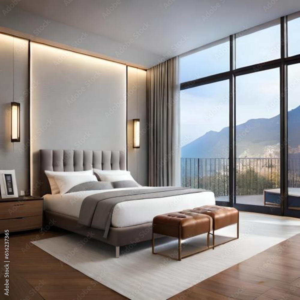 Fototapeta premium 3D Interior Mockup: Experience the latest in bedroom decoration trends with this stunning and realistic 3D mockup. Perfect for interior design inspiration. Architecture, home decor, Ai generated