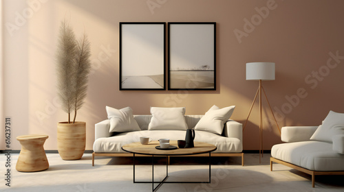 Stylish Living Room Interior with Mockup Frame Poster, Modern interior design, 3D render, 3D illustration