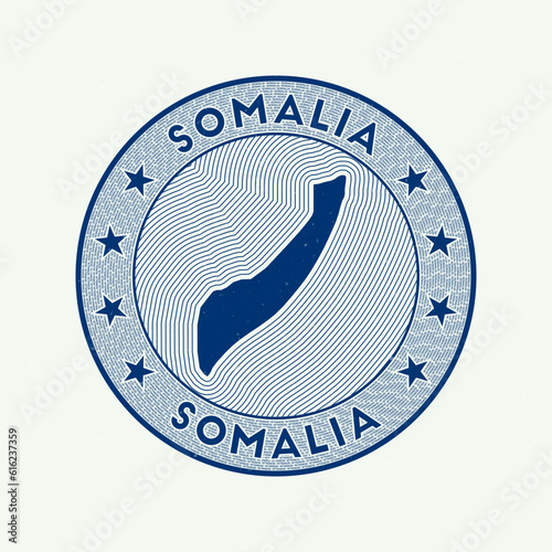 Somalia round badge vector. Country round stamp with shape of Somalia, isolines and circular country name. Appealing emblem. Classy vector illustration.