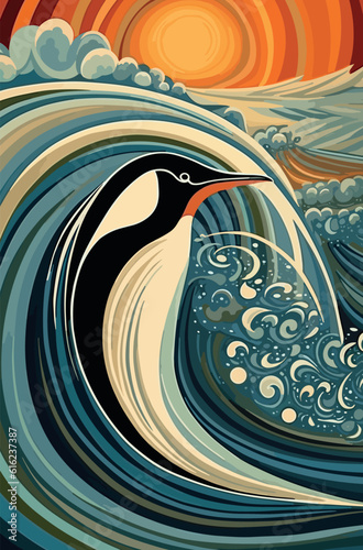 Intriguing hand-painted poster with an Art Deco touch, presenting a penguin on the polar ice cap in Antarctica, framed by the magnificence of glaciers and ice floes.