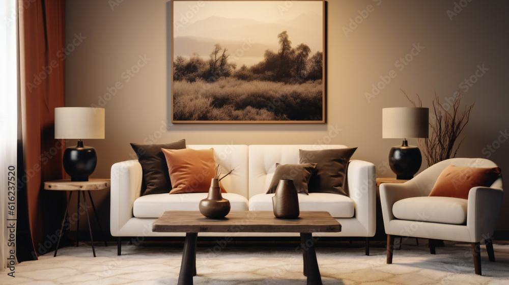 Stylish Living Room Interior with Mockup Frame Poster, Modern interior design, 3D render, 3D illustration