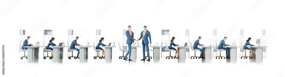 Business people hand shake in office, Team of business people working hard.3D rendering illustration Business people hand shake in office, Team of business people working hard.3D rendering illustration