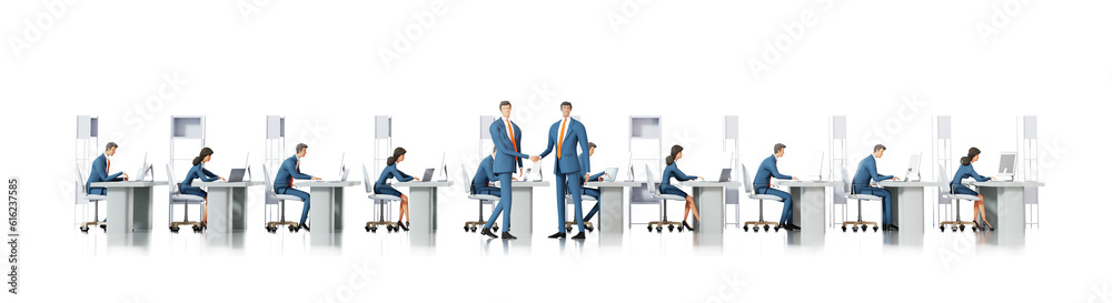 Business people hand shake in office, Team of business people working hard.3D rendering illustration Business people hand shake in office, Team of business people working hard.3D rendering illustration