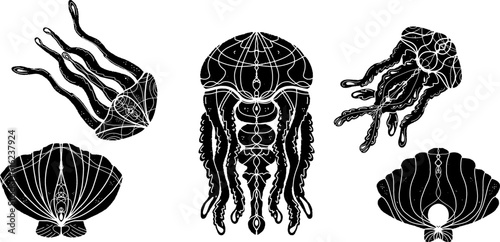 Jellyfish and shells, black silhouettes of marine animals. Grunge monochrome texture in linocut style. Vector set of elements.