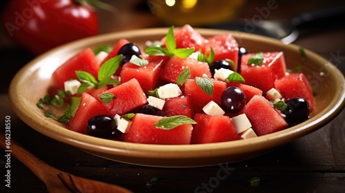  feta cheese and olives and watermelon, ai generative
