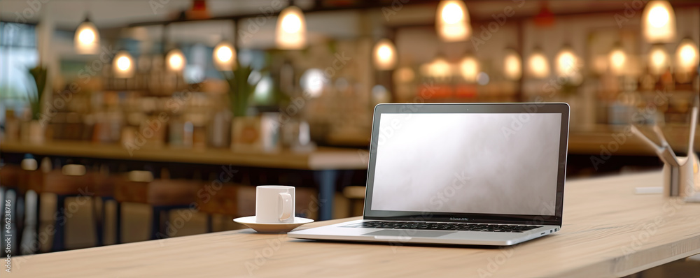 Front view of laptop with screen. Modern architecture in the background. generative ai Front view of laptop with screen. Modern architecture in the background. generative ai