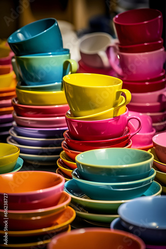 Multicolored household ceramic items. Colorful crockery: stacks of bowls and mugs. AI generated