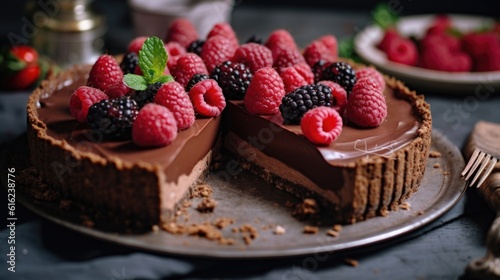 chocolate cake with raspberries.ai generative