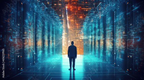 A businessman from behind ist standing in a huge futuristic room with lots of data storages in neon blue and orange.