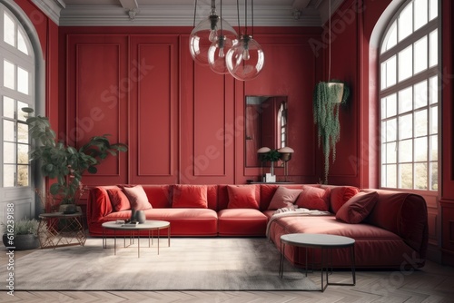 Modern room design  Red Sofa furniture  and minimal decor. Generative AI