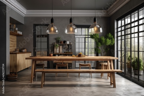 Modern dining area with long wooden table and industrial style lights, gray walls, tiled floor, and panoramic window. Generative AI
