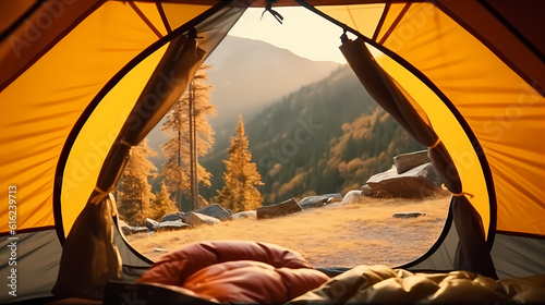 A tent flap is unzipped, revealing a glimpse of a cozy interior and beautiful view outside