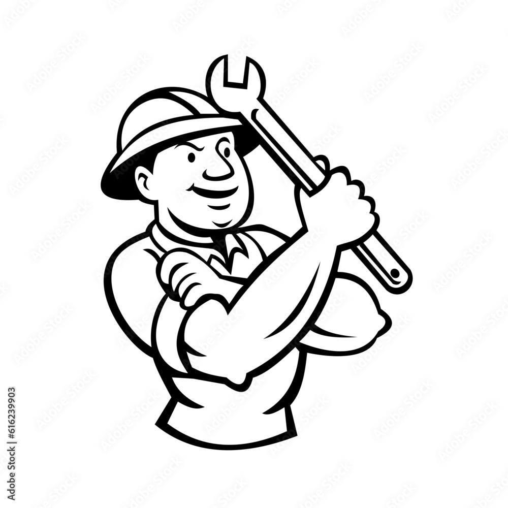 Mascot illustration of bust of a diesel service technician, mechanic or diesel technician holding shifter spanner wrench front wearing full brim hard hat on isolated background in retro cartoon style. Mascot illustration of bust of a diesel service technician, mechanic or diesel technician holding shifter spanner wrench front wearing full brim hard hat on isolated background in retro cartoon style.
