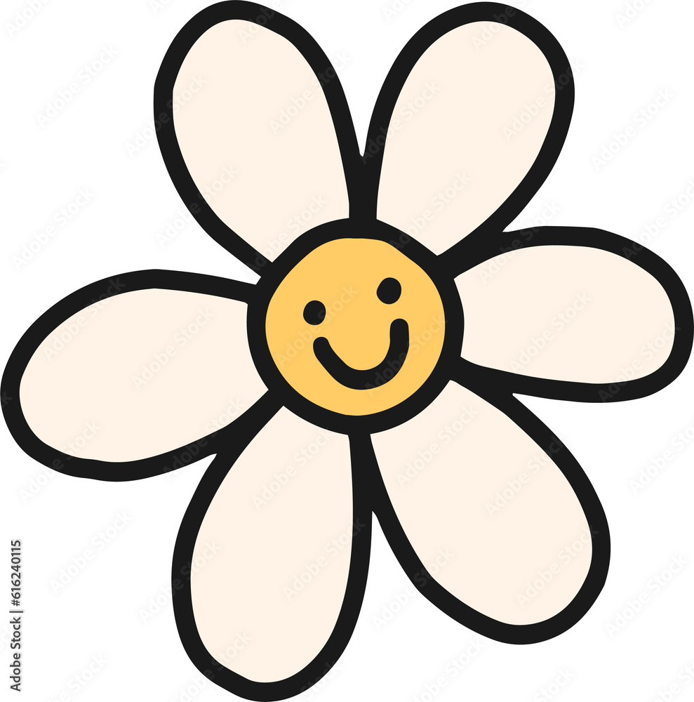 Daisy flower illustration with happy smile on face in retro groovy style. Cute doodle hand drawn cartoon character Daisy flower illustration with happy smile on face in retro groovy style. Cute doodle hand drawn cartoon character