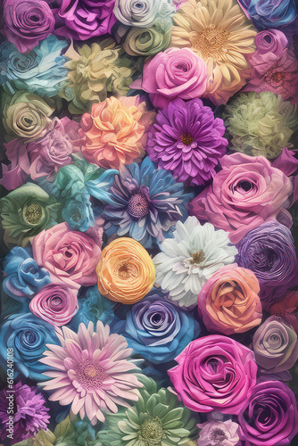 Pastel colored flowers background. Ai generated art.