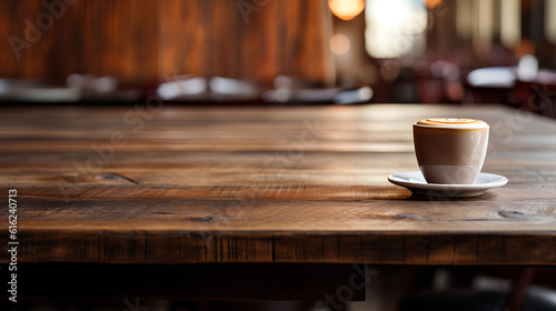 A wooden bar table in the foreground with a cup of coffee.Background out of focus. IA generative.