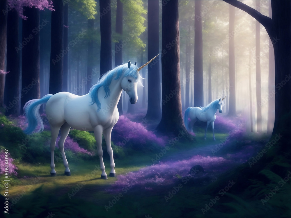Unicorn in fairy tale forest, Generative AI Illustration.