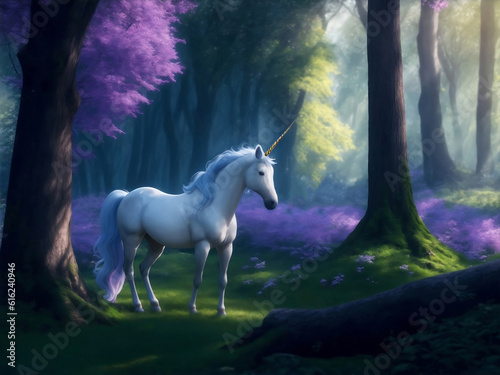 Unicorn in fairy tale forest  Generative AI Illustration.