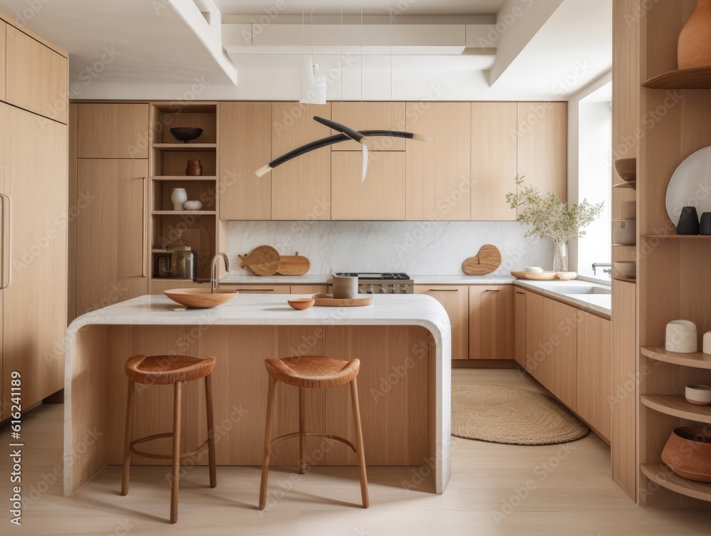 Fototapeta premium Contemporary wooden dining room and kitchen. Generative AI