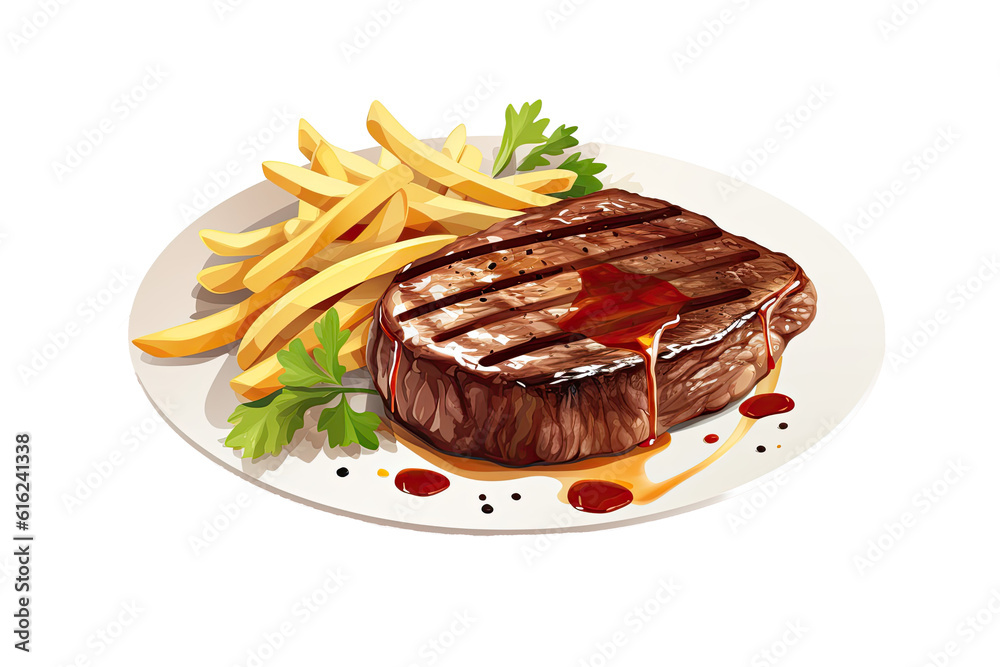 Juicy Steak with French Fries in vector, transparent background, Generative AI Juicy Steak with French Fries in vector, transparent background, Generative AI