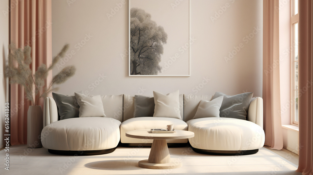 Stylish Living Room Interior with Mockup Frame Poster, Modern interior design, 3D render, 3D illustration Stylish Living Room Interior with Mockup Frame Poster, Modern interior design, 3D render, 3D illustration