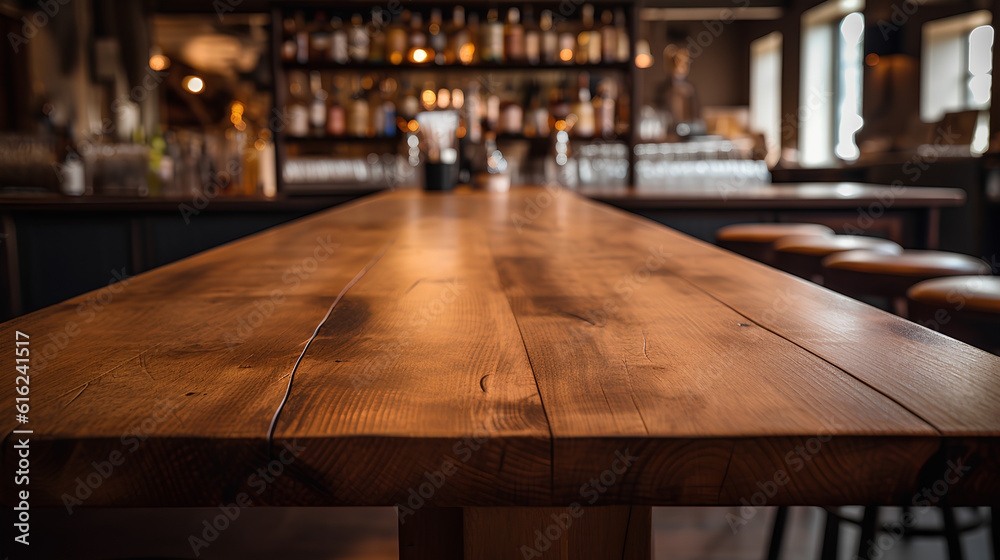 A wooden bar table in the foreground. IA generative. A wooden bar table in the foreground. IA generative.
