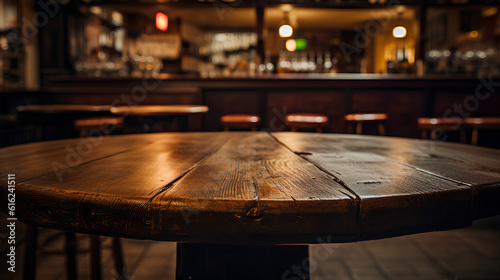 A wooden bar table in the foreground. IA generative. © Moon Project