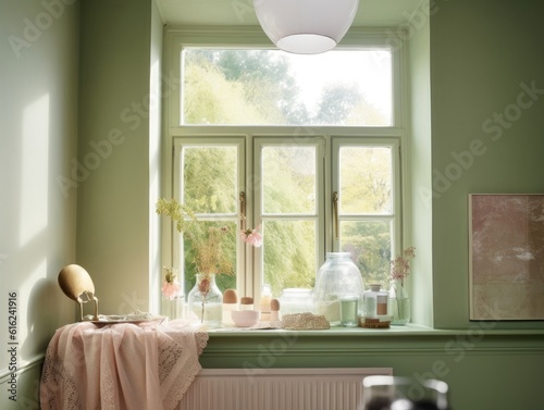 Pink and green cottage style interior room. Generative AI photo