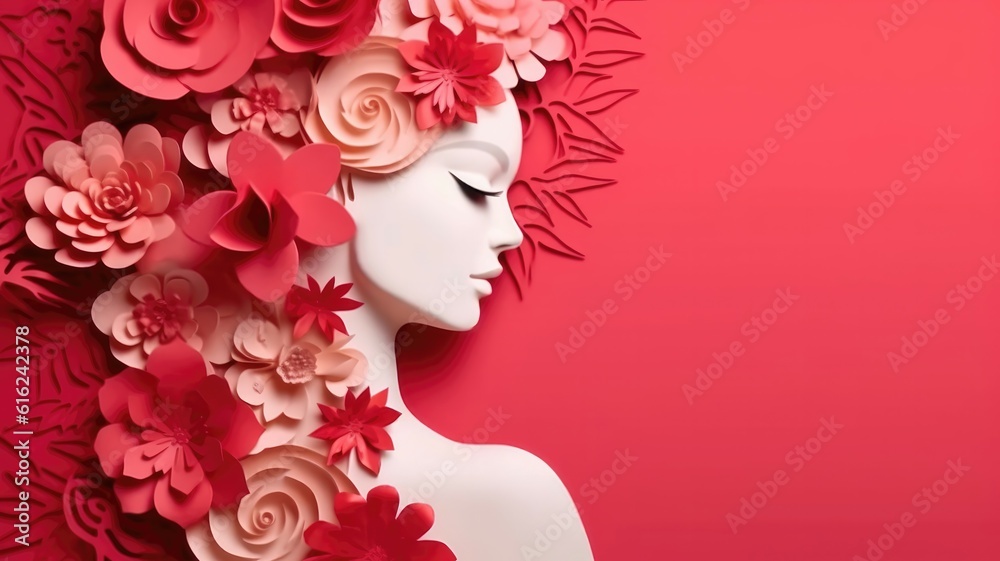 Paper art happy women's day 8 march with women of different frame of flower , women's day specials offer sale wording isolate. Generative AI