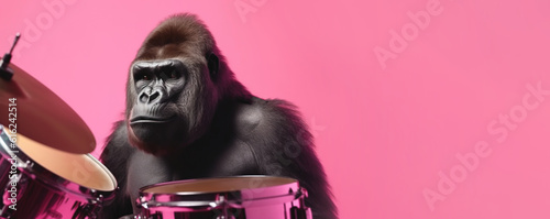 Gorilla plays the drums on a pink background. Banner, copy space. AI generation © dwoow