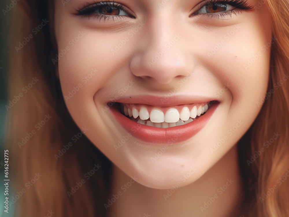 Fototapeta premium Beautiful female smile of a young woman after teeth whitening procedure. Dental care. The concept of dentistry and healthy white teeth. 