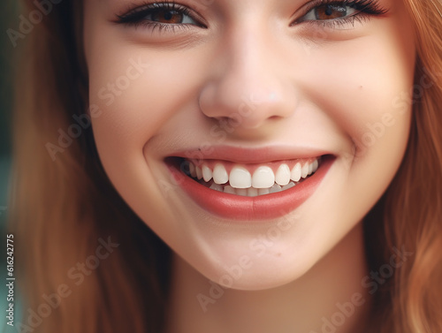 Beautiful female smile of a young woman after teeth whitening procedure. Dental care. The concept of dentistry and healthy white teeth. 