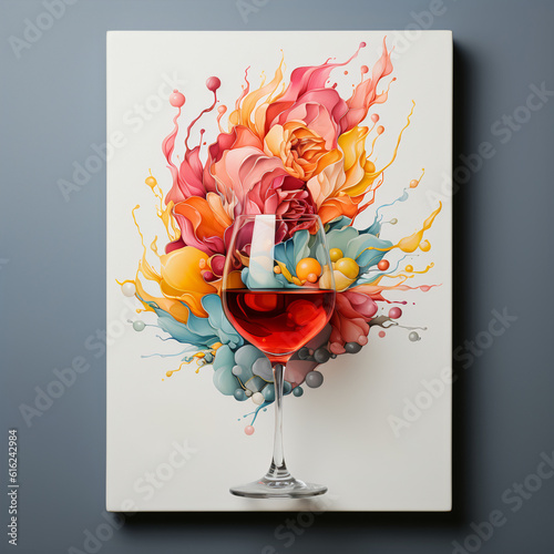 Colorful paint and sip watercolor canvas with red wine glass 