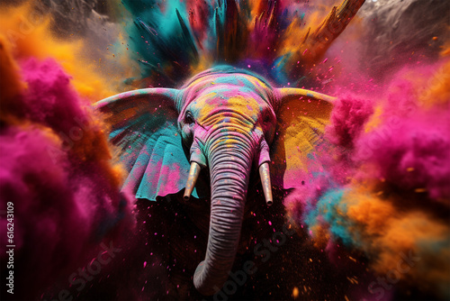 Elephant Happy Holi colorful powerful explosion of Colored powder explosion dust, holi © © Ai Factory