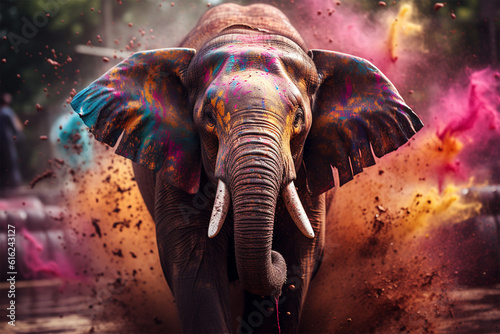 Elephant Happy Holi colorful powerful explosion of Colored powder explosion dust, holi © © Ai Factory