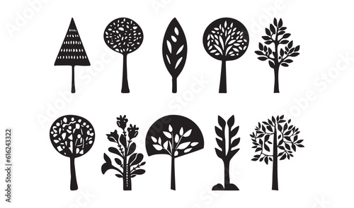 Linocut tree design elements in vector scandi style set. Black and white forest symbol group. 