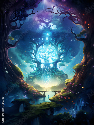 Fantasy magical giant tree on an Alien Planet AI Generated Illustration