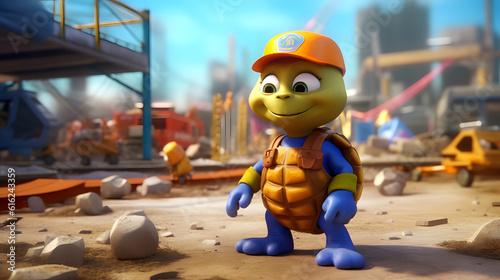 Wallpaper Mural "Construction Worker Turtle Toy Figurine with Yellow Cap, Blue Outfit, and Construction Debris" AI-Generated Torontodigital.ca