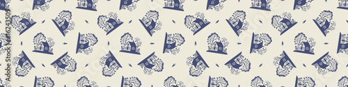 Masculine block print house vector ribbon. Seamless sketchy city street organic style for rustic washi tape. photo