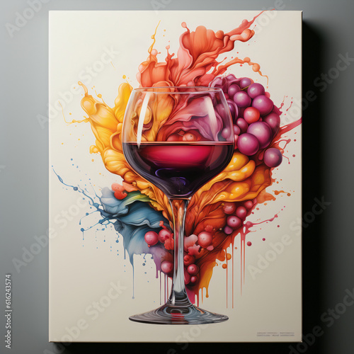 Colorful paint and sip watercolor canvas with red wine glass 