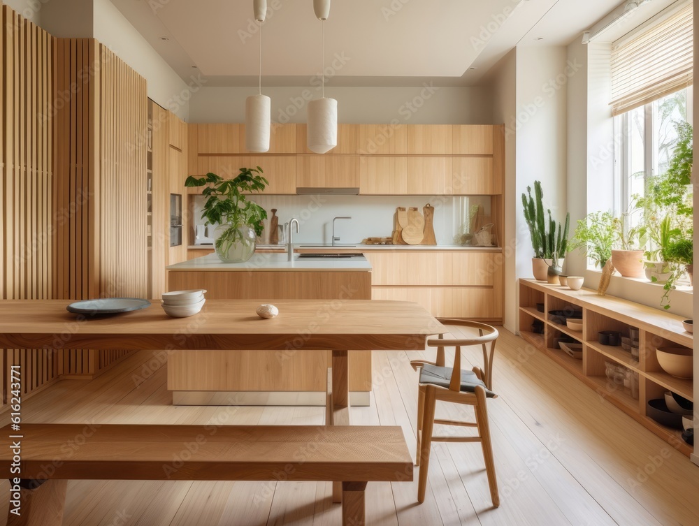 Contemporary wooden dining room and kitchen. Generative AI