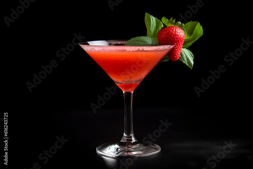Frozen strawberry margarita cocktail in margarita glass on blak background. AI generated