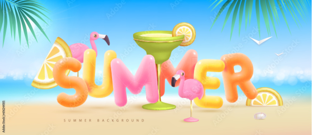 Summer beach background with 3d letters and margarita cocktail. Colorful summer scene. Vector illustration